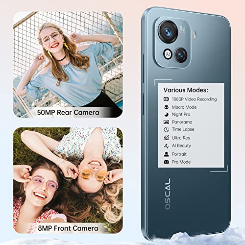 OSCAL Mobile Phones SIM Free Unlocked, C80 8GB+128GB/SD 1TB Android 12 Phone, 50MP+8MP Camera, 90Hz 6.517 HD+ Display, 5180mAh, 18W Fast Charging, Fingerprint Face ID, 4G Dual SIM Smartphone (Blue)