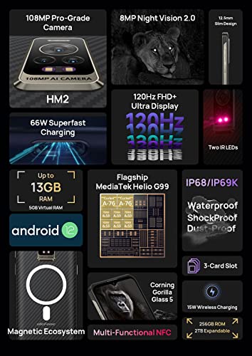 Ulefone Power Armor 17 PRO Rugged Smartphone, 108MP Triple Camera(Night Vision), Helio G99 8GB+256GB, 6.58'' 120Hz FHD+ Display, IP68 Waterproof Android 12 Phone, 3 Card Slot, Wireless Charge GPS NFC