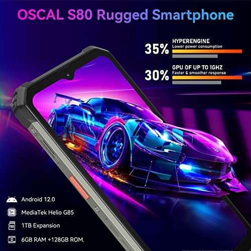 OSCAL S80 Rugged Smartphone 10GB RAM+128GB ROM/SD-1TB Android 12 Outdoor Mobile Phone 6.58'' FHD+ Screen Panoramic 12MP+8MP 13000mAh 33W Charger Dual SIM 4G+5G Wi-FI OTC/Compass/Touch&Face ID/GPS/NFC