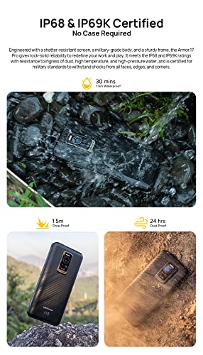 Ulefone Power Armor 17 PRO Rugged Smartphone, 108MP Triple Camera(Night Vision), Helio G99 8GB+256GB, 6.58'' 120Hz FHD+ Display, IP68 Waterproof Android 12 Phone, 3 Card Slot, Wireless Charge GPS NFC