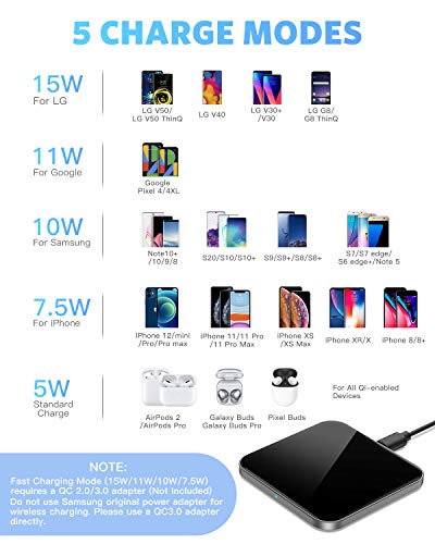 AGPTEK Wireless Charger, Qi-Certified 15W Max Fast Wireless Charging Pad for iPhone 14/13/12/12 Pro/11/11 Pro Max/XS Max/XR/XS/X/8, for Samsung Galaxy S22/S20/S10, AirPods Pro, Black (No AC Adapter)