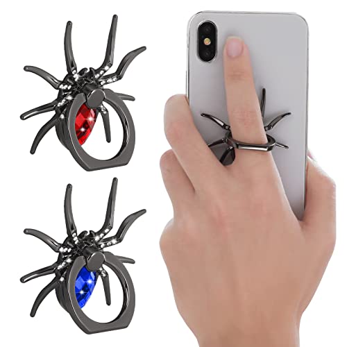 cobee Spider Cell Phone Ring Holders, 2 Pcs Metal Spider Phone Finger Kickstand with Crystal Stone Cool Reptiles Hand Phone Grips with Knob Loop 180°/360° Rotation Phone Ring Stands(Blue+Red)