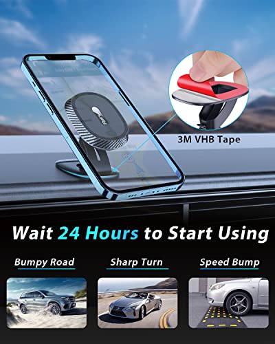 Magnetic Phone Car Mount with Bendable Base, 360° Rotation Dashboard Magnetic Car Phone Holder with 6 N52 Magnets & 4 Metal Plates, Universal Car Phone Mount Compatible with iPhone Samsung Oneplus etc
