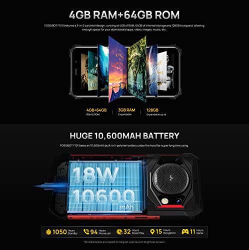 FOSSIBOT 10600mAh Battery Rugged Smartphone F101, 3.5W Max Loud Speaker, 24MP Triple Camera, IP68 Waterproof Mobile Phone, Octa Core 4GB 64GB, Android 12, 5.45'' HD+, Dual SIM, Fingerprint, GPS Red