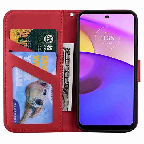 Skyhewen Motorola Moto E40 Case, Moto E30 Case, Moto E20 Case, PU Leather Flip Wallet Cute Case for Women Girls with [Kickstand] [Magnetic Clasp] [Card Holder] [Animal Pattern], Red & Cat