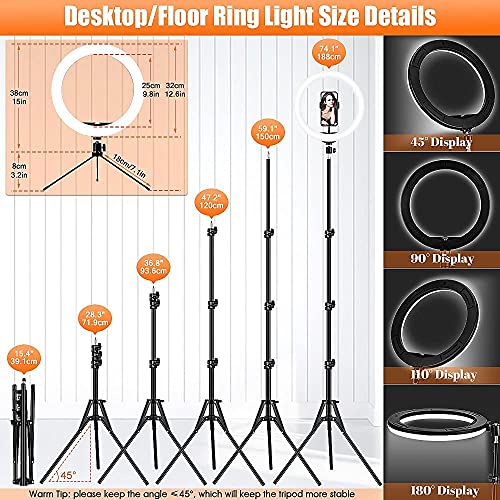 12.6'' Selfie Ring Light with Tripod Stand & Phone Holder Tall 188cm/74'', GerTong LED Circle Ringlight with Remote for Makeup YouTube Tiktok, Floor/Desk USB Halo Lamp with 40 RGB Mode 13 Brightness
