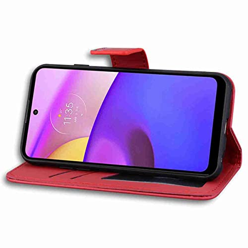 Skyhewen Motorola Moto E40 Case, Moto E30 Case, Moto E20 Case, PU Leather Flip Wallet Cute Case for Women Girls with [Kickstand] [Magnetic Clasp] [Card Holder] [Animal Pattern], Red & Cat