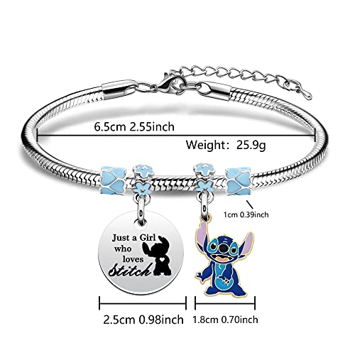 Funny Bracelet Gift For Girls,Silver Pendant Adjustable Jewellery"Just A Girls Who Loves Stitch"Cartoon Reminder Gift For Daughter Sisters Friends Colleague Birthday Christmas