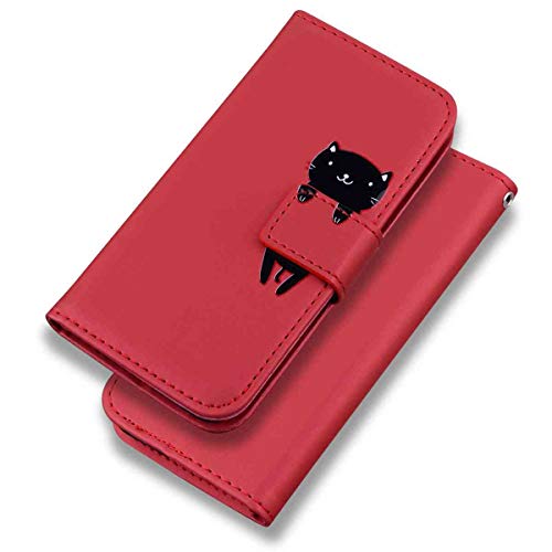 Skyhewen Motorola Moto E40 Case, Moto E30 Case, Moto E20 Case, PU Leather Flip Wallet Cute Case for Women Girls with [Kickstand] [Magnetic Clasp] [Card Holder] [Animal Pattern], Red & Cat