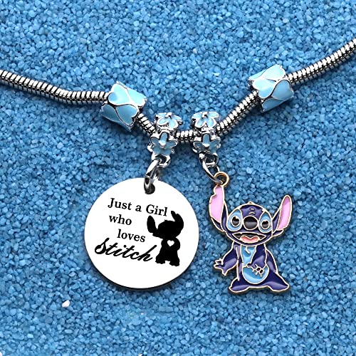 Funny Bracelet Gift For Girls,Silver Pendant Adjustable Jewellery"Just A Girls Who Loves Stitch"Cartoon Reminder Gift For Daughter Sisters Friends Colleague Birthday Christmas
