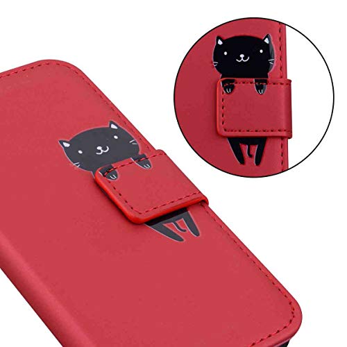 Skyhewen Motorola Moto E40 Case, Moto E30 Case, Moto E20 Case, PU Leather Flip Wallet Cute Case for Women Girls with [Kickstand] [Magnetic Clasp] [Card Holder] [Animal Pattern], Red & Cat