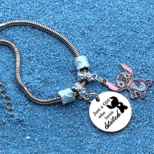 Funny Bracelet Gift For Girls,Silver Pendant Adjustable Jewellery"Just A Girls Who Loves Stitch"Cartoon Reminder Gift For Daughter Sisters Friends Colleague Birthday Christmas