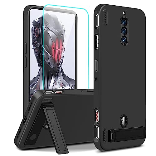 Case for Red Magic 8 Pro / 8 Pro+ Plus Phone Case with Glass Screen Protector, [3 Stand Ways] Metal Kickstand/Stand Silicone TPU Shockproof Protective Case for ZTE Nubia Red Magic 8 Pro - Black