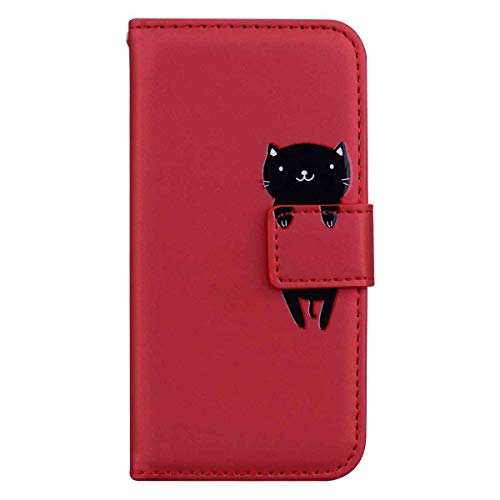 Skyhewen Motorola Moto E40 Case, Moto E30 Case, Moto E20 Case, PU Leather Flip Wallet Cute Case for Women Girls with [Kickstand] [Magnetic Clasp] [Card Holder] [Animal Pattern], Red & Cat
