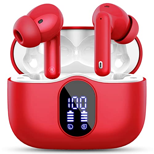 Wireless Earbuds, Bluetooth 5.3 Headphones In Ear with 4 ENC Noise Cancelling Mic, LED Display 2023 Bluetooth Earbuds Mini Deep Bass Stereo Sound, 36H Playtime, Wireless Earphones IP7 Waterproof, Red