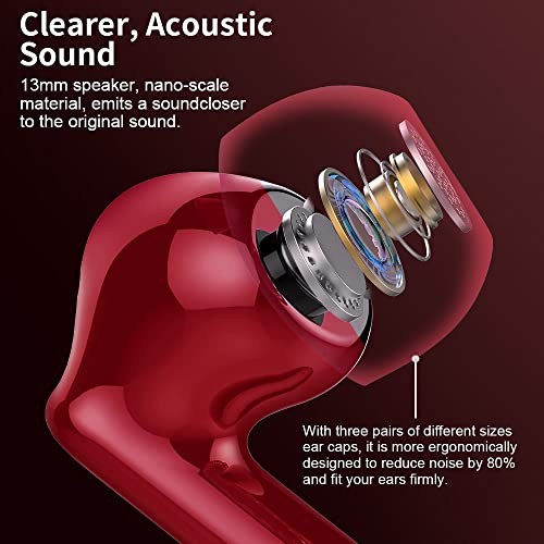 Wireless Earbuds, Bluetooth 5.3 Headphones In Ear with 4 ENC Noise Cancelling Mic, LED Display 2023 Bluetooth Earbuds Mini Deep Bass Stereo Sound, 36H Playtime, Wireless Earphones IP7 Waterproof, Red