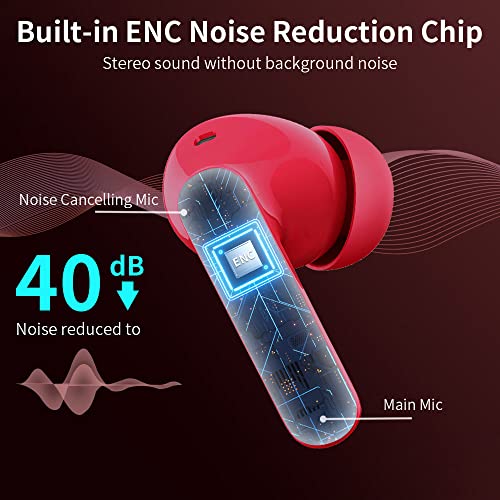 Wireless Earbuds, Bluetooth 5.3 Headphones In Ear with 4 ENC Noise Cancelling Mic, LED Display 2023 Bluetooth Earbuds Mini Deep Bass Stereo Sound, 36H Playtime, Wireless Earphones IP7 Waterproof, Red