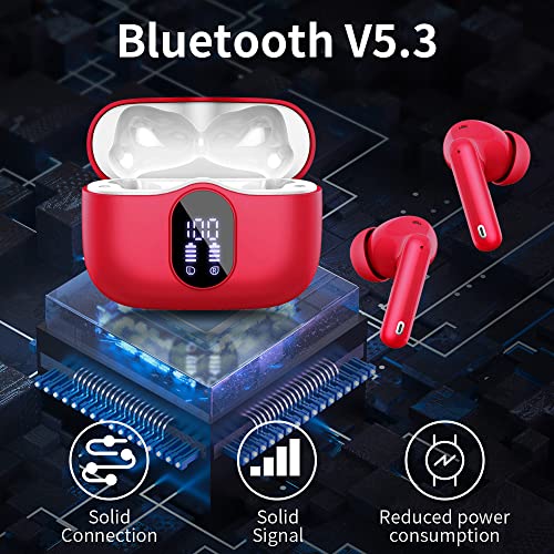 Wireless Earbuds, Bluetooth 5.3 Headphones In Ear with 4 ENC Noise Cancelling Mic, LED Display 2023 Bluetooth Earbuds Mini Deep Bass Stereo Sound, 36H Playtime, Wireless Earphones IP7 Waterproof, Red