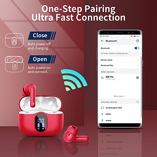 Wireless Earbuds, Bluetooth 5.3 Headphones In Ear with 4 ENC Noise Cancelling Mic, LED Display 2023 Bluetooth Earbuds Mini Deep Bass Stereo Sound, 36H Playtime, Wireless Earphones IP7 Waterproof, Red
