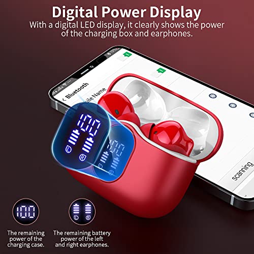 Wireless Earbuds, Bluetooth 5.3 Headphones In Ear with 4 ENC Noise Cancelling Mic, LED Display 2023 Bluetooth Earbuds Mini Deep Bass Stereo Sound, 36H Playtime, Wireless Earphones IP7 Waterproof, Red