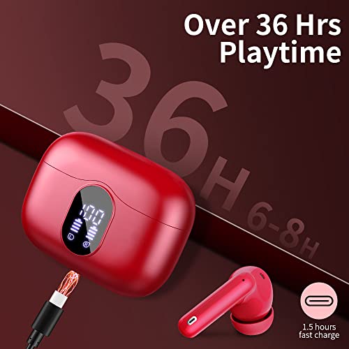 Wireless Earbuds, Bluetooth 5.3 Headphones In Ear with 4 ENC Noise Cancelling Mic, LED Display 2023 Bluetooth Earbuds Mini Deep Bass Stereo Sound, 36H Playtime, Wireless Earphones IP7 Waterproof, Red