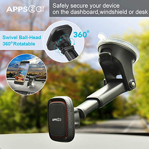 APPS2Car Magnetic Phone Car Mount, Universal Dashboard Windscreen Industrial-Strength Suction Cup Car Phone Mount Holder with Adjustable Telescopic Arm, 6 Strong Magnets for All Cell Phones