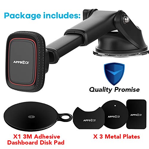 APPS2Car Magnetic Phone Car Mount, Universal Dashboard Windscreen Industrial-Strength Suction Cup Car Phone Mount Holder with Adjustable Telescopic Arm, 6 Strong Magnets for All Cell Phones