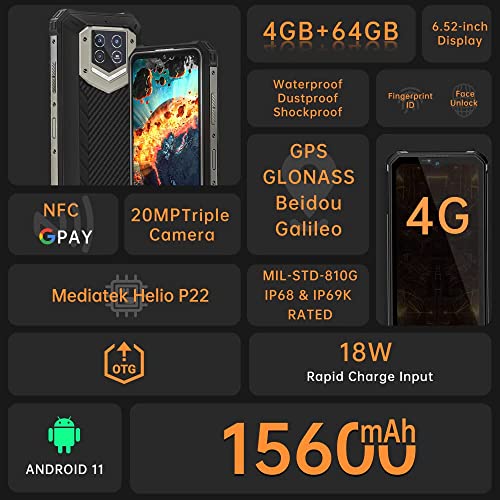 15600mAh Rugged Smartphone, OUKITEL WP15S (2022) Rugged Phones Android 11, 6.52 inch IP68 Waterproof Unlocked Mobile Phones 4G Dual SIM, 20MP + 8MP Camera, 4GB + 64GB / 2TB Extension, NFC, GPS, Black