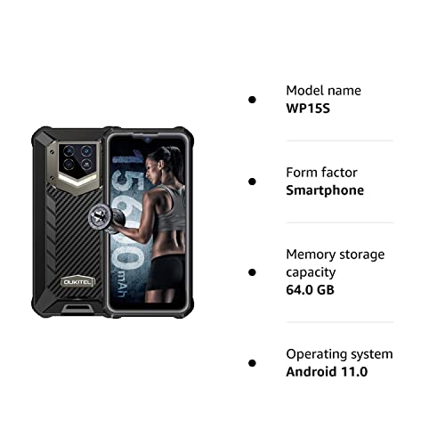 15600mAh Rugged Smartphone, OUKITEL WP15S (2022) Rugged Phones Android 11, 6.52 inch IP68 Waterproof Unlocked Mobile Phones 4G Dual SIM, 20MP + 8MP Camera, 4GB + 64GB / 2TB Extension, NFC, GPS, Black