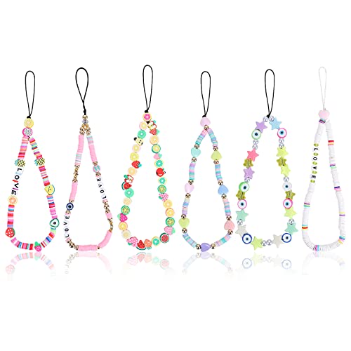 Sibba Beaded Phone Charm Mobile Lanyard Anti-Lost Key Chain Wristlet Bracelet Rainbow Smiling Face Fruit Star Letters Wrist Strap Handmade Acrylic Clay Beads Cell Case Decoration (6 PCS Set C)