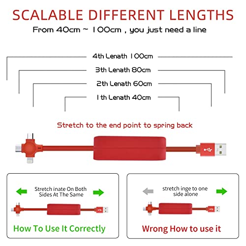 TEXXY Multi 3-in-1 Charging Cable,three in One Charging Cable Roll Retractable Charging Cable Carry on Phone Holder/Charger 4 in 1, Multi Charger Cable for Laptop Tablet Mobile Phone, Red
