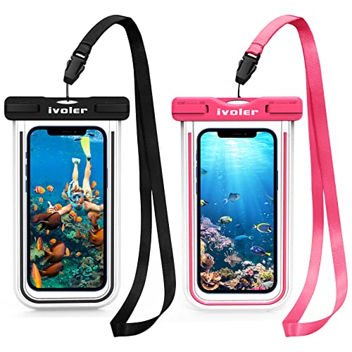 ivoler Waterproof Phone Pouch, 2-Pack IPX8 Universal Fluorescent Design Waterproof Case Dry Bag for swimming Compatible for iPhone14 Pro Max/13 pro/12,Samsung,Huawei etc.up to 7" (Black+Rose)