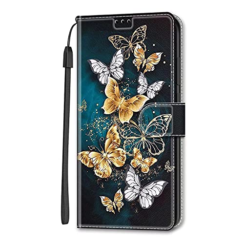 Dfjhure Samsung A14 Case Leather Flip Wallet Phone Case Cover Silicone Shockproof Bumper Cover Stand View Cover with Card Slots Phone Case For Samsung Galaxy A14 4G/5G- Golden butterfly