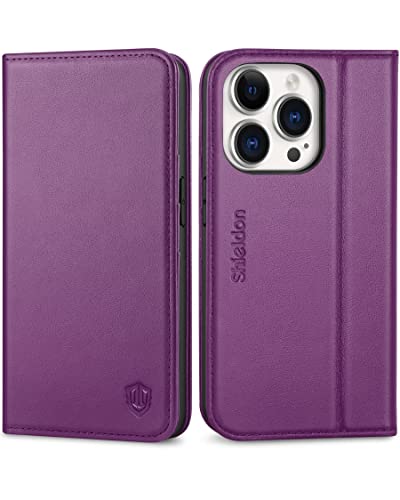 SHIELDON Case for iPhone 14 Pro 5G 6.1" 2022, Genuine Leather Folio Wallet Case with [Kickstand][RFID Blocking][Card Slots][Magnetic] Protective Flip Phone Cover Compatible with iPhone 14 Pro, Purple
