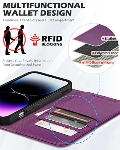 SHIELDON Case for iPhone 14 Pro 5G 6.1" 2022, Genuine Leather Folio Wallet Case with [Kickstand][RFID Blocking][Card Slots][Magnetic] Protective Flip Phone Cover Compatible with iPhone 14 Pro, Purple