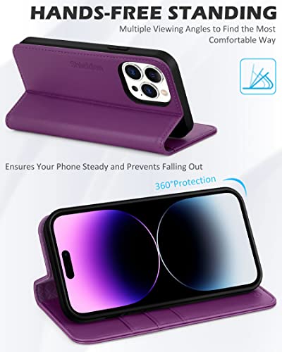 SHIELDON Case for iPhone 14 Pro 5G 6.1" 2022, Genuine Leather Folio Wallet Case with [Kickstand][RFID Blocking][Card Slots][Magnetic] Protective Flip Phone Cover Compatible with iPhone 14 Pro, Purple