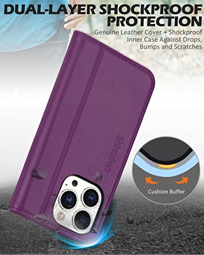 SHIELDON Case for iPhone 14 Pro 5G 6.1" 2022, Genuine Leather Folio Wallet Case with [Kickstand][RFID Blocking][Card Slots][Magnetic] Protective Flip Phone Cover Compatible with iPhone 14 Pro, Purple