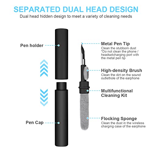 Vicloon Wireless Earbuds Clean Pen, Cleaning Pen Electronics Cleaning Brush Earphones Cleaner Accessories, Multifunctional Earphone Cleaning Kit for Dust Removal Earbuds Mobile Phone（Black）