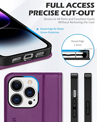 SHIELDON Case for iPhone 14 Pro 5G 6.1" 2022, Genuine Leather Folio Wallet Case with [Kickstand][RFID Blocking][Card Slots][Magnetic] Protective Flip Phone Cover Compatible with iPhone 14 Pro, Purple