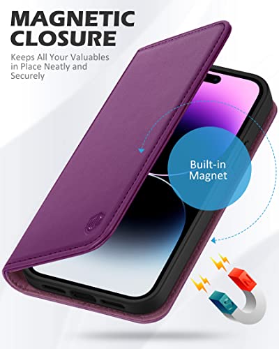 SHIELDON Case for iPhone 14 Pro 5G 6.1" 2022, Genuine Leather Folio Wallet Case with [Kickstand][RFID Blocking][Card Slots][Magnetic] Protective Flip Phone Cover Compatible with iPhone 14 Pro, Purple