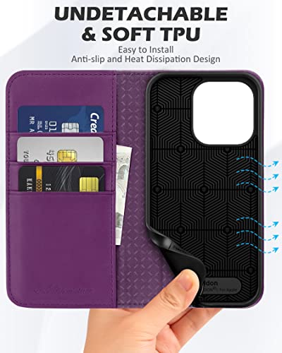 SHIELDON Case for iPhone 14 Pro 5G 6.1" 2022, Genuine Leather Folio Wallet Case with [Kickstand][RFID Blocking][Card Slots][Magnetic] Protective Flip Phone Cover Compatible with iPhone 14 Pro, Purple