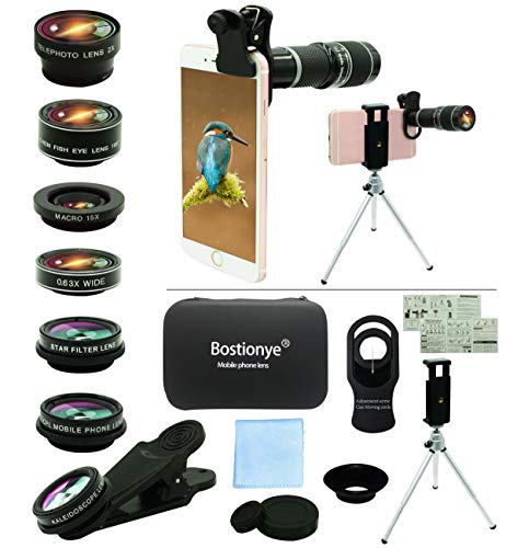 Cell Phone Camera Lens Kit,11 in 1 Universal 20x Telephoto Lens,0.63Wide Angle+15X Macro+198°Fisheye+2X Telephoto+Kaleidoscope+CPL/Starlight/Eyemask/Tripod,for Most iPhone Smartphone