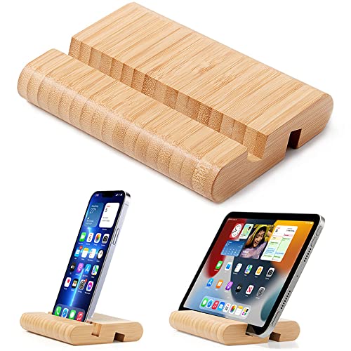 FadyDail Bamboo Tablet Stand Wooden Mobile Phone Stand for Desktop, Wood Tablet Holder Desk Cell Phone Holder Mobile Stand for iPhone iPad Tablets and All Phones (Large Size)