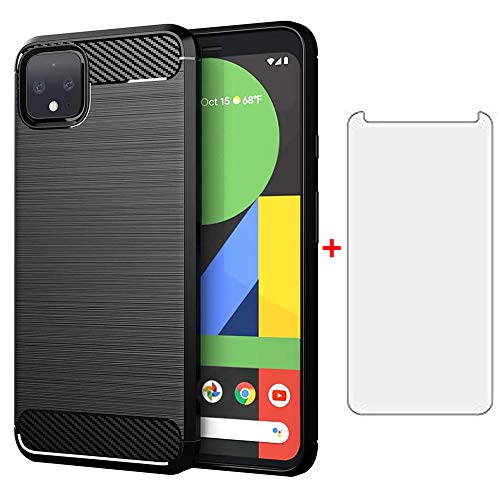 Phone Case for Google Pixel 4 and Tempered Glass Screen Protector with Accessories Shockproof Silicone Rugged Full Body Mobile Silicon Film Thin Soft Slim Carbon Fiber Pixel4 Four Girls Men Black