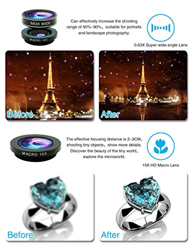 Cell Phone Camera Lens Kit,11 in 1 Universal 20x Telephoto Lens,0.63Wide Angle+15X Macro+198°Fisheye+2X Telephoto+Kaleidoscope+CPL/Starlight/Eyemask/Tripod,for Most iPhone Smartphone