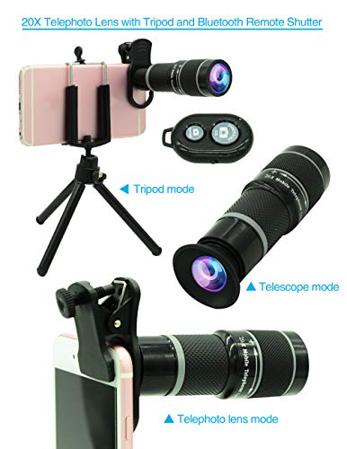 Cell Phone Camera Lens Kit,11 in 1 Universal 20x Telephoto Lens,0.63Wide Angle+15X Macro+198°Fisheye+2X Telephoto+Kaleidoscope+CPL/Starlight/Eyemask/Tripod,for Most iPhone Smartphone