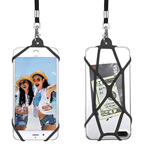 Cell Phone Lanyard Neck Strap Compatible with iPhone, Galaxy & Most Smartphones, Includes Silicone Phone Case Holder and Necklace Black