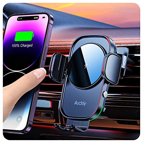 Auckly Wireless Car Charger, [Electromagnetic Sense] Qi 15W Fast in Car Wireless Charger Automatic Sensor Phone Holder Vent Mount Compatible for iPhone 12 13 14 Pro Max Plus Mini 11 Pro XS/XR etc