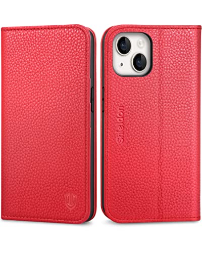 SHIELDON Folio Case for iPhone 14 5G 6.1", Genuine Leather Wallet Case with [Magnetic][Shock Absorbing] [RFID Blocking][Card Holder][Kickstand] Flip Cover Compatible with iPhone 14 2022, Litchi Red