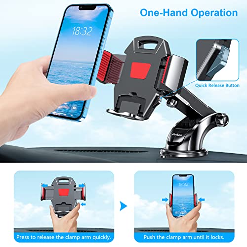 Beikell Car Phone Holder, Adjustable Car Phone Mount Cradle 360° Rotation - Phone Holder for Car with One Button Release and Strong Sticky Gel Pad for Mobile Phones from 4.7 to 6.7 inches-Red